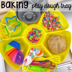 Baking play dough tray plus more sweets activities and centers designed for preschool, pre-k, and kindergarten. These are perfect for a holiday, bakery, or sweet treat theme.