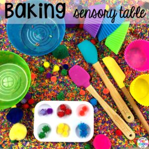 Baking sensory table plus more sweets activities and centers designed for preschool, pre-k, and kindergarten. These are perfect for a holiday, bakery, or sweet treat theme.