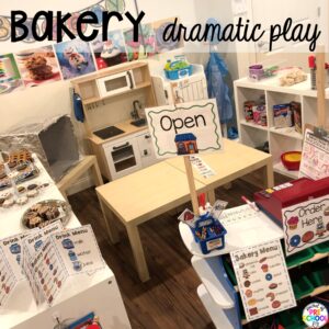 Bakery Dramatic play plus more sweets activities and centers designed for preschool, pre-k, and kindergarten. These are perfect for a holiday, bakery, or sweet treat theme.