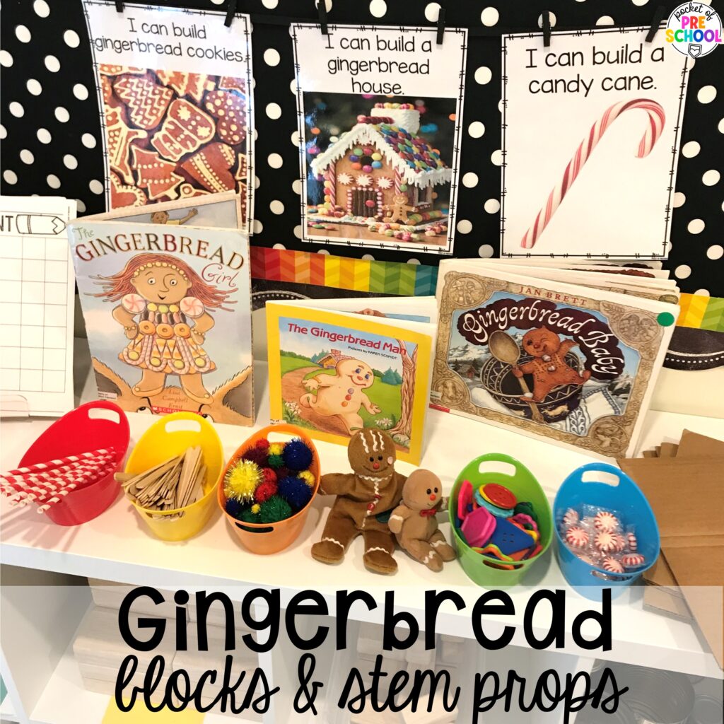 Gingerbread blocks and STEM plus more baking activities and centers designed for preschool, pre-k, and kindergarten. These are perfect for a holiday, bakery, or sweet treat theme.