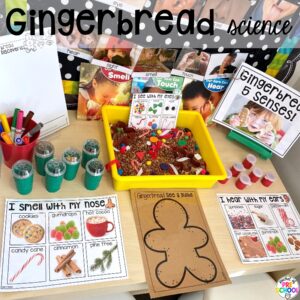 Gingerbread science plus more sweets activities and centers designed for preschool, pre-k, and kindergarten. These are perfect for a holiday, bakery, or sweet treat theme.