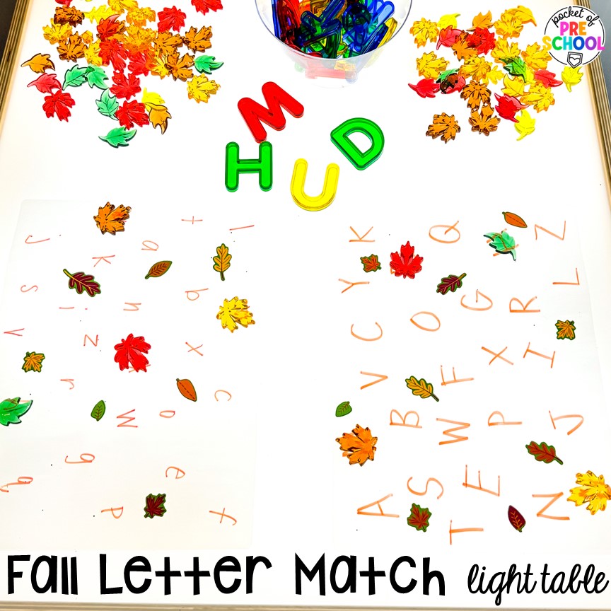 Fall letter match activity plus Fall Light Table Activities designed for preschool, pre-k, and kindergarten students to learn and develop in a hands-on way.