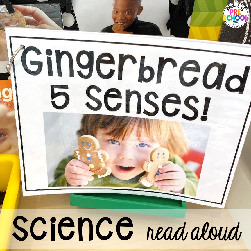Science read aloud and ideas for a science unit all about gingerbread! It is the perfect theme during the holidays in a preschool, pre-k, and kindergarten classroom.