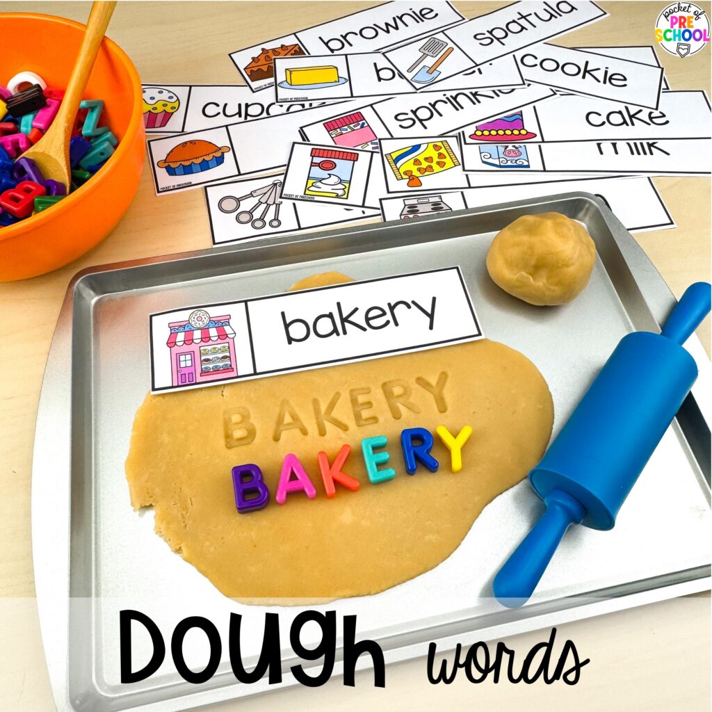 Dough words plus more sweets activities and centers designed for preschool, pre-k, and kindergarten. These are perfect for a holiday, bakery, or sweet treat theme.
