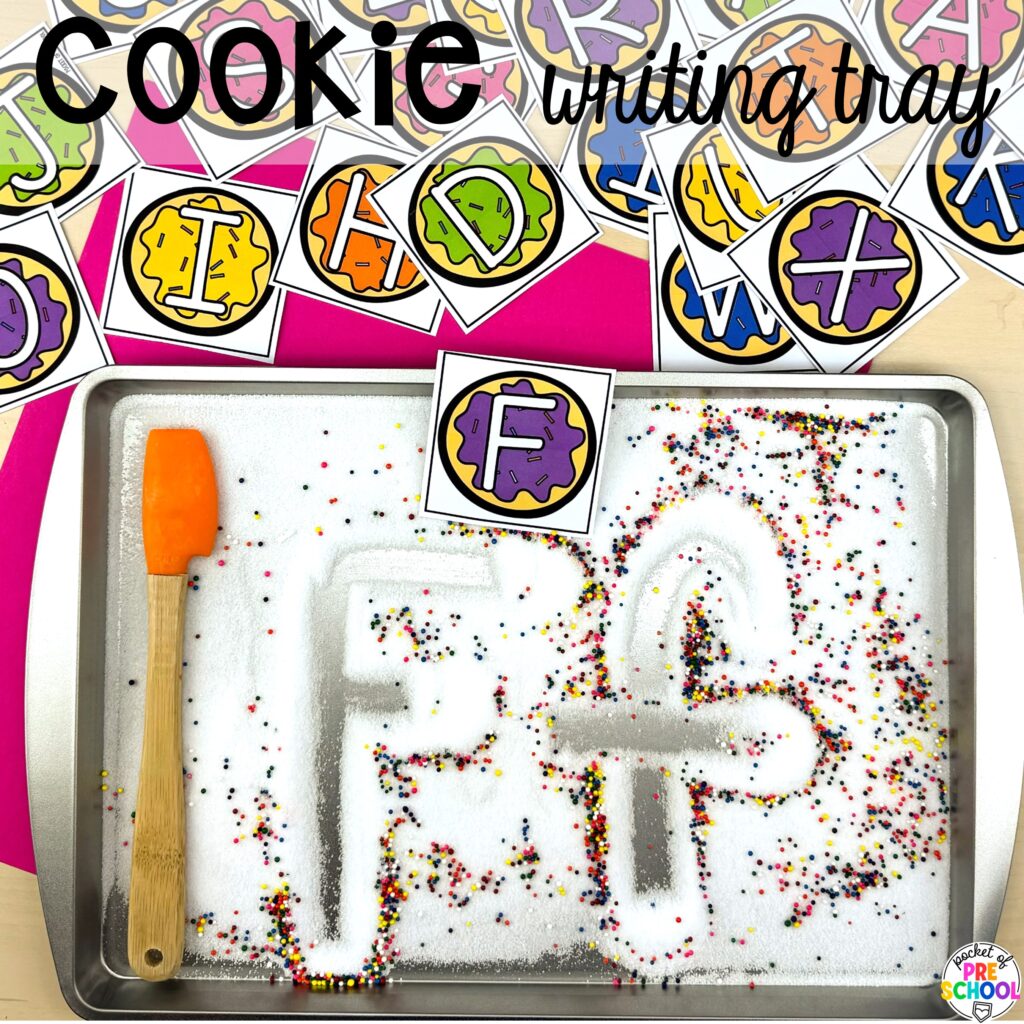 Cookie writing tray plus more baking activities and centers designed for preschool, pre-k, and kindergarten. These are perfect for a holiday, bakery, or sweet treat theme.