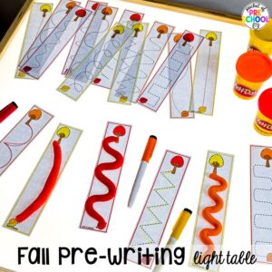 Fall pre-writing activity plus Fall Light Table Activities designed for preschool, pre-k, and kindergarten students to learn and develop in a hands-on way.