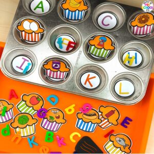 Muffin tin letters plus tons more sweets/bakery math and literacy ideas for preschool, pre-k, and kindergarten.