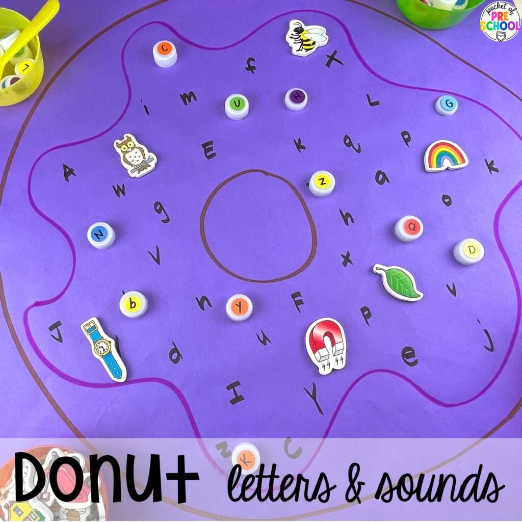 Donut letters and sounds plus more sweets activities and centers designed for preschool, pre-k, and kindergarten. These are perfect for a holiday, bakery, or sweet treat theme.