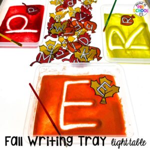 Fall writing trays plus Fall Light Table Activities designed for preschool, pre-k, and kindergarten students to learn and develop in a hands-on way.