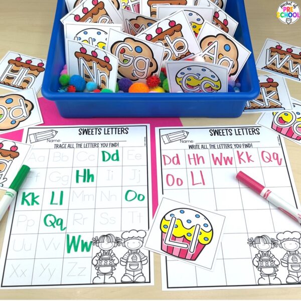 Sweets letters plus tons more sweets/bakery math and literacy ideas for preschool, pre-k, and kindergarten.
