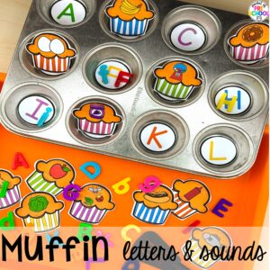 Muffin letters and sounds plus more sweets activities and centers designed for preschool, pre-k, and kindergarten. These are perfect for a holiday, bakery, or sweet treat theme.