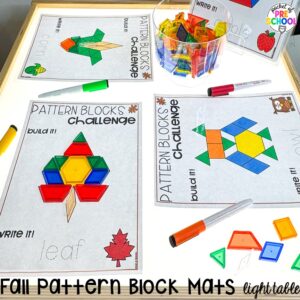 Fall pattern block mats activity plus Fall Light Table Activities designed for preschool, pre-k, and kindergarten students to learn and develop in a hands-on way.
