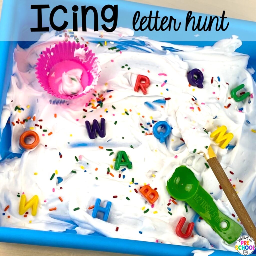 Icing letter hunt plus more baking activities and centers designed for preschool, pre-k, and kindergarten. These are perfect for a holiday, bakery, or sweet treat theme.