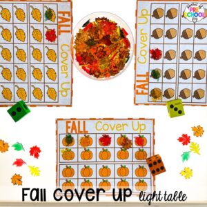 Fall cover up activity plus Fall Light Table Activities designed for preschool, pre-k, and kindergarten students to learn and develop in a hands-on way.