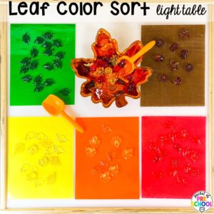 Leaf color sorting activity plus Fall Light Table Activities designed for preschool, pre-k, and kindergarten students to learn and develop in a hands-on way.