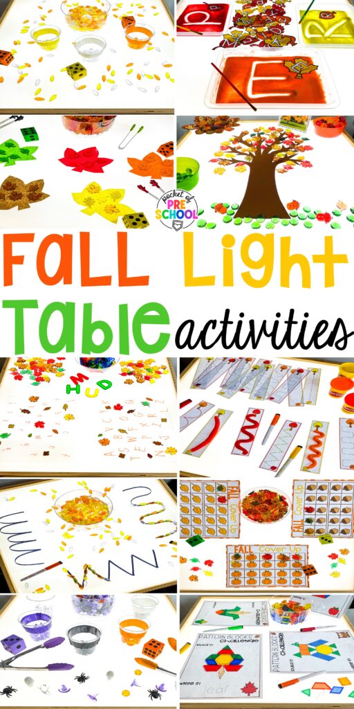Fall Light Table Activities designed for preschool, pre-k, and kindergarten students to learn and develop in a hands-on way.