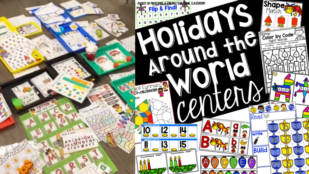 Preview of the Holidays Around the World Math & Literacy Centers created for preschool, pre-k, and kindergarten students.