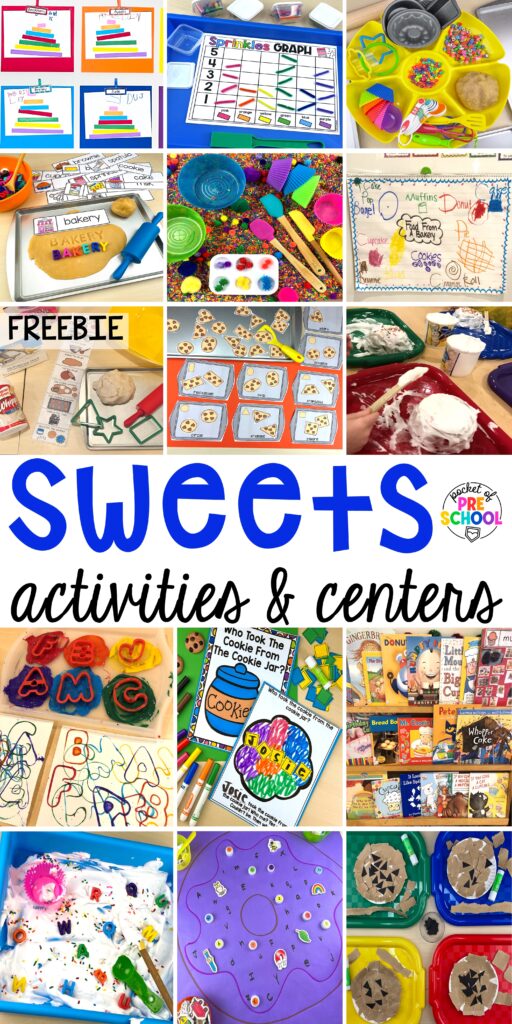 Sweets activities and centers designed for preschool, pre-k, and kindergarten. These are perfect for a holiday, baking, or sweet treat theme.