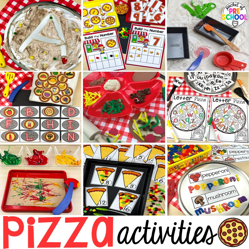 Pizza centers for preschool, pre-k, and kindergarten students to practice math, literacy, fine motor, sensory, and more!