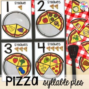 Pizza syllable pies plus more pizza centers for preschool, pre-k, and kindergarten students to practice math, literacy, fine motor, sensory, and more!