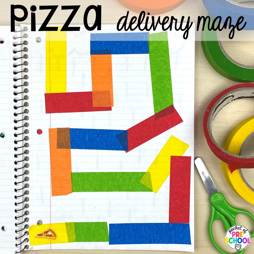 Pizza delivery mazes plus more pizza centers for preschool, pre-k, and kindergarten students to practice math, literacy, fine motor, sensory, and more!