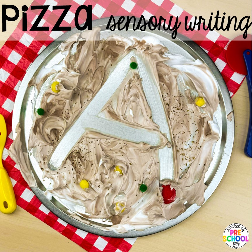 Pizza sensory writing plus more pizza centers for preschool, pre-k, and kindergarten students to practice math, literacy, fine motor, sensory, and more!