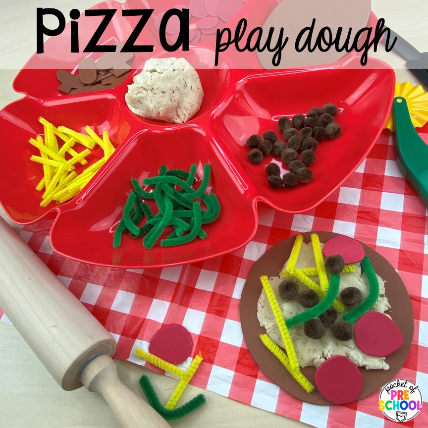 Pizza play dough plus more pizza centers for preschool, pre-k, and kindergarten students to practice math, literacy, fine motor, sensory, and more!