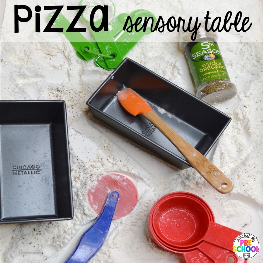 Pizza sensory table plus more pizza centers for preschool, pre-k, and kindergarten students to practice math, literacy, fine motor, sensory, and more!