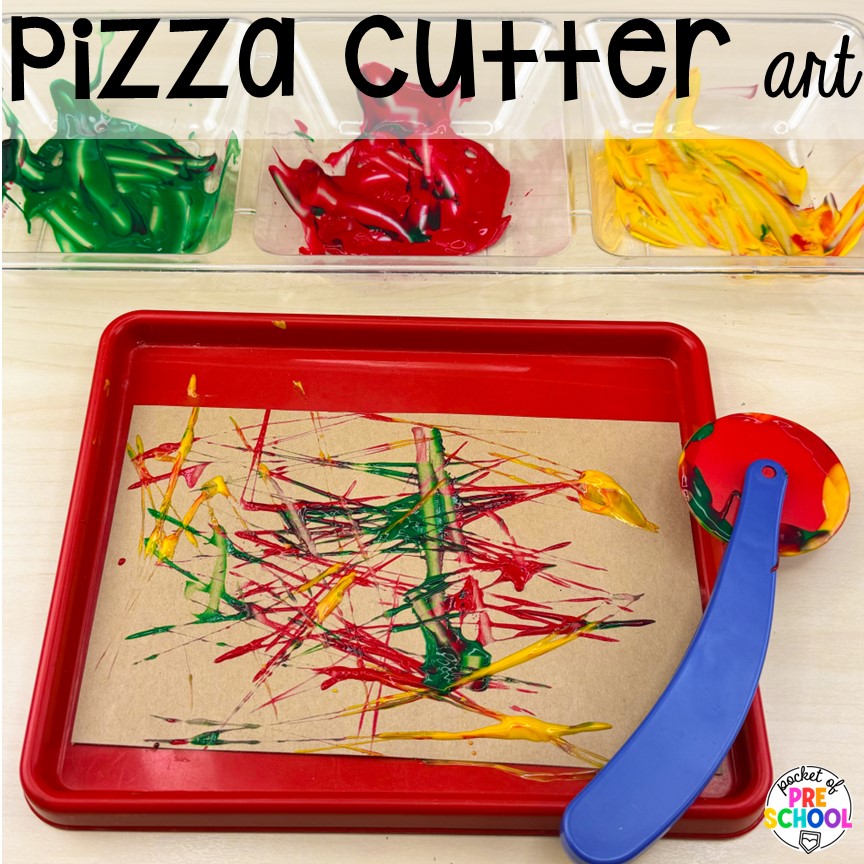 Pizza cutter art plus more pizza centers for preschool, pre-k, and kindergarten students to practice math, literacy, fine motor, sensory, and more!