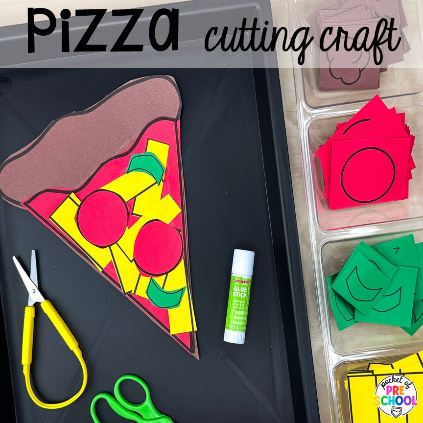Pizza cutting craftivity plus more pizza centers for preschool, pre-k, and kindergarten students to practice math, literacy, fine motor, sensory, and more!