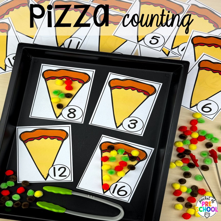 Pizza counting plus more pizza centers for preschool, pre-k, and kindergarten students to practice math, literacy, fine motor, sensory, and more!