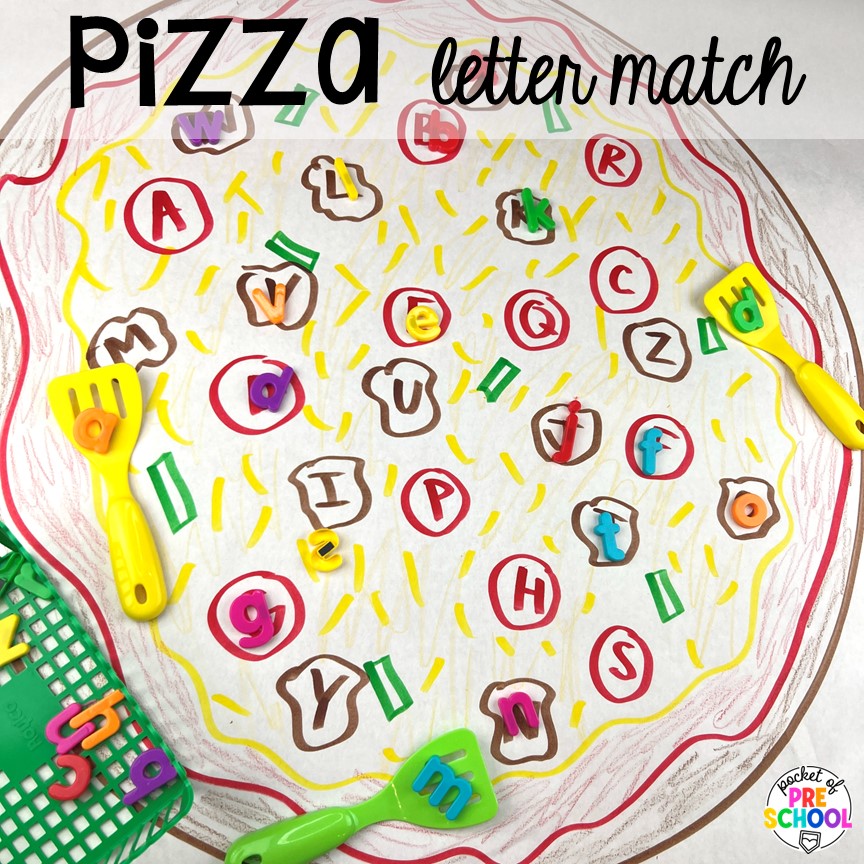 Pizza letter match plus more pizza centers for preschool, pre-k, and kindergarten students to practice math, literacy, fine motor, sensory, and more!