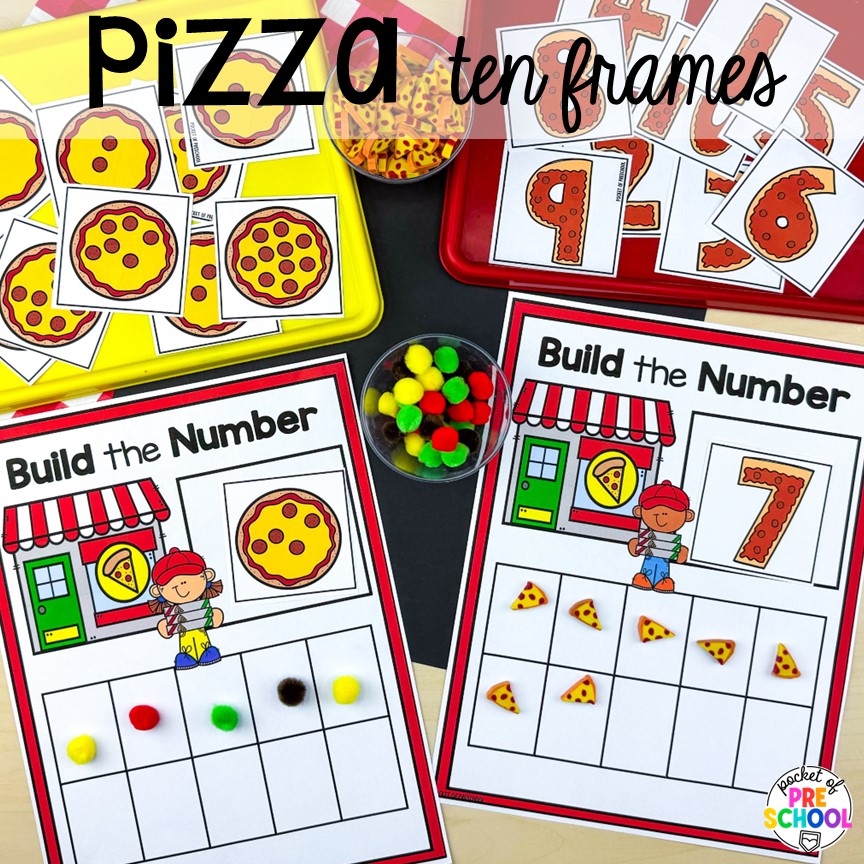 Pizza ten frames plus more pizza centers for preschool, pre-k, and kindergarten students to practice math, literacy, fine motor, sensory, and more!
