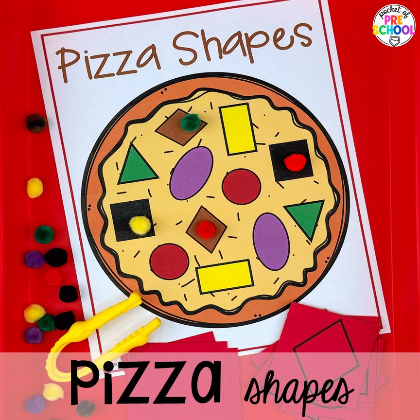 Pizza shapes plus more pizza centers for preschool, pre-k, and kindergarten students to practice math, literacy, fine motor, sensory, and more!
