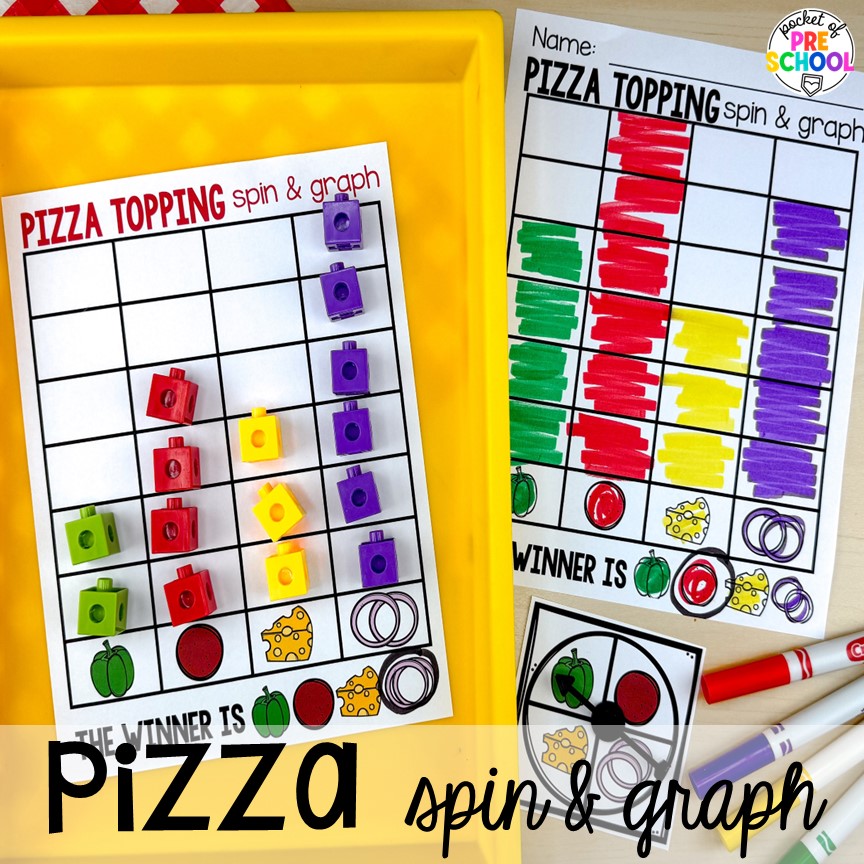 Pizza graphs & tally marks plus more pizza centers for preschool, pre-k, and kindergarten students to practice math, literacy, fine motor, sensory, and more!