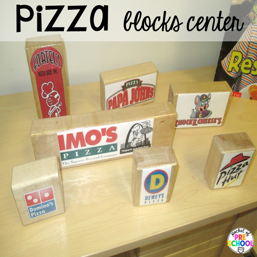 Pizza block idea plus more pizza centers for preschool, pre-k, and kindergarten students to practice math, literacy, fine motor, sensory, and more!