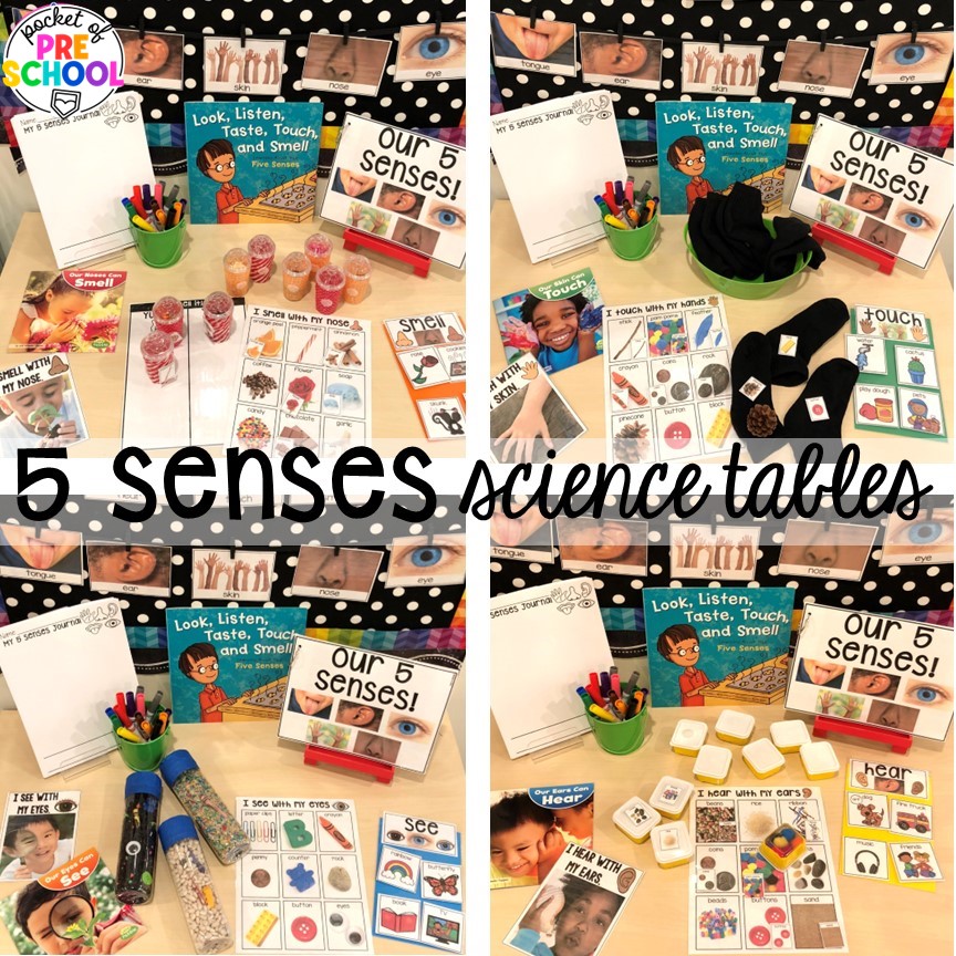 5 senses science table plus more pizza centers for preschool, pre-k, and kindergarten students to practice math, literacy, fine motor, sensory, and more!