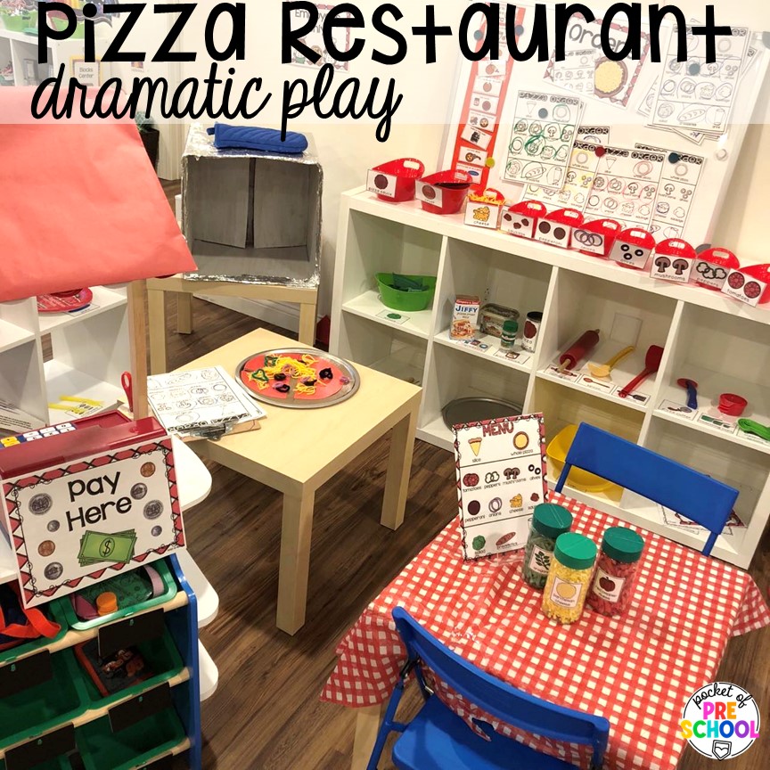 Pizza restaurant dramatic play plus more pizza centers for preschool, pre-k, and kindergarten students to practice math, literacy, fine motor, sensory, and more!