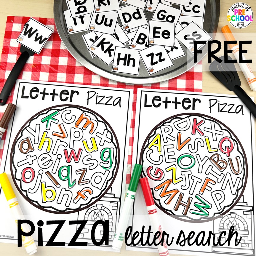 Pizza letter search FREEBIE plus more pizza centers for preschool, pre-k, and kindergarten students to practice math, literacy, fine motor, sensory, and more!