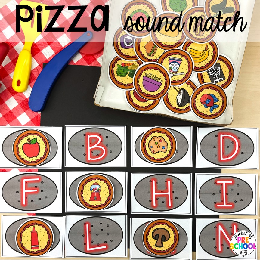 Pizza sound match plus more pizza centers for preschool, pre-k, and kindergarten students to practice math, literacy, fine motor, sensory, and more!