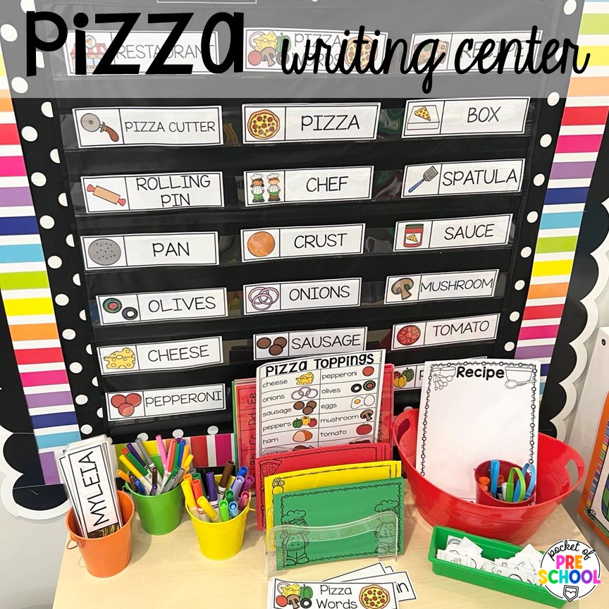 Pizza writing center plus more pizza centers for preschool, pre-k, and kindergarten students to practice math, literacy, fine motor, sensory, and more!