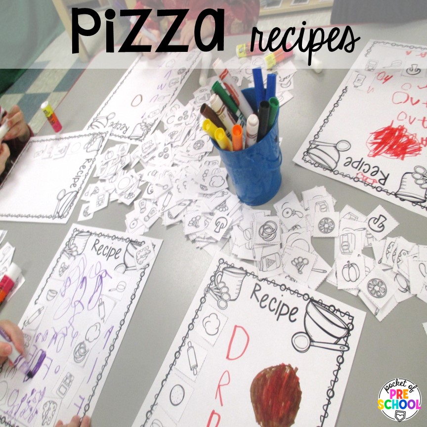 Pizza recipes plus more pizza centers for preschool, pre-k, and kindergarten students to practice math, literacy, fine motor, sensory, and more!