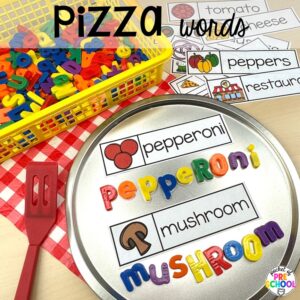 Pizza words plus more pizza centers for preschool, pre-k, and kindergarten students to practice math, literacy, fine motor, sensory, and more!