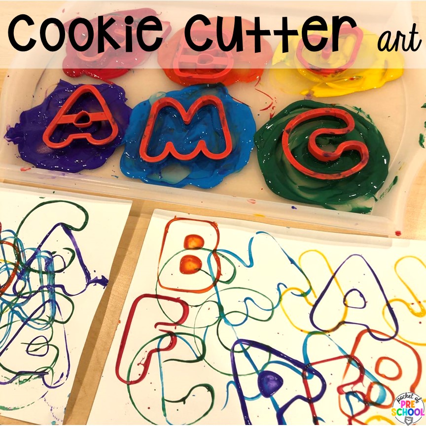 Cookie cutter art plus more baking activities and centers designed for preschool, pre-k, and kindergarten. These are perfect for a holiday, bakery, or sweet treat theme.