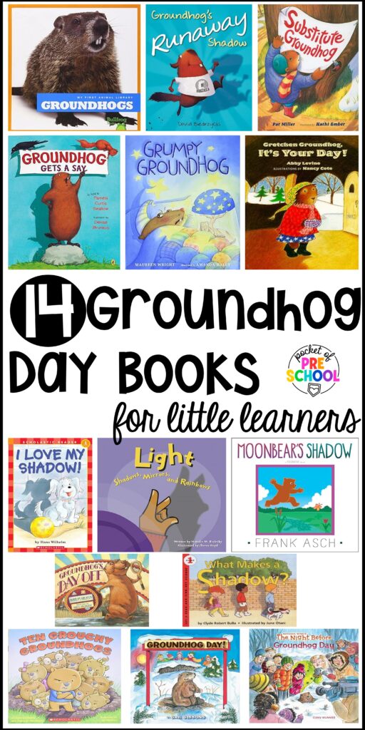Groundhog day books for preschool, pre-k, and kindergarten students, plus books about shadows.