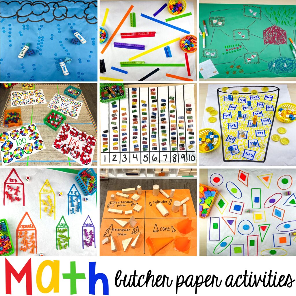 Math butcher paper activities for preschool, pre-k, and kindergarten students to move and explore while learning.
