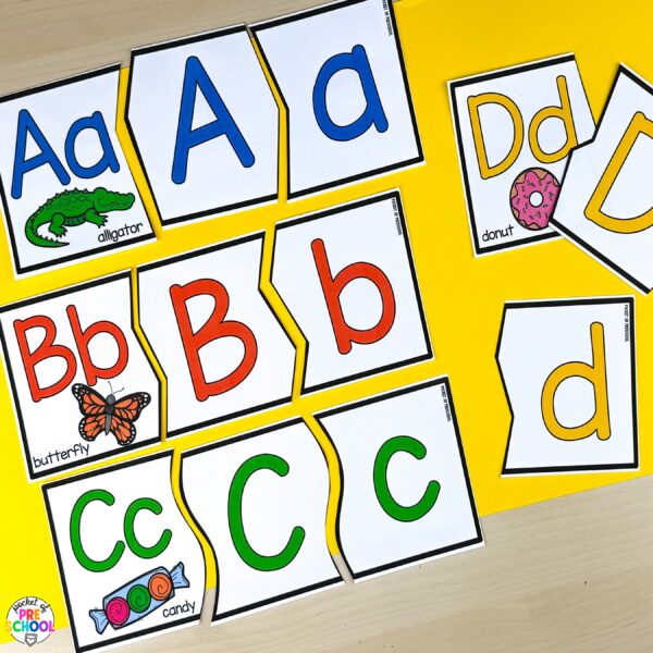 3 piece alphabet puzzles for preschool, pre-k, and kindergarten students to explore letters and beginning sounds.