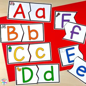 2 piece alphabet puzzles for preschool, pre-k, and kindergarten students to explore letters and beginning sounds.