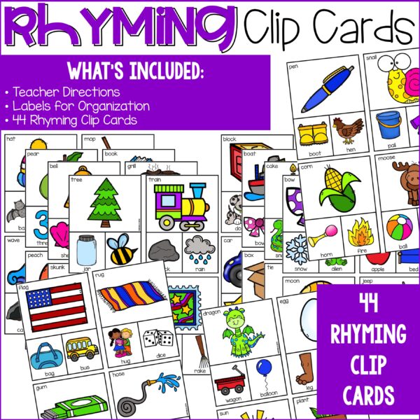 Practice rhymes with your preschool, pre-k, and kindergarten students with these fun clip cards.