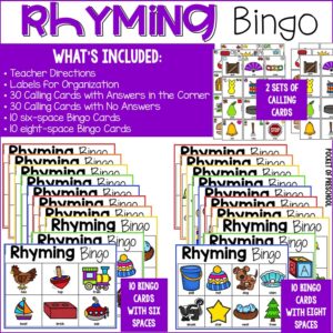 Practice rhymes with your preschool, pre-k, and kindergarten students with these fun bingo cards.